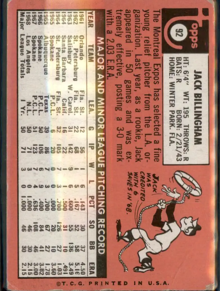 1969 Topps #92 Jack Billingham - (pk3) - Montreal Expos