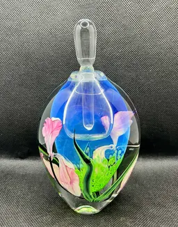 Richard Satava signed studio art glass perfume bottle pink irises Clear Stopper , Paperweight