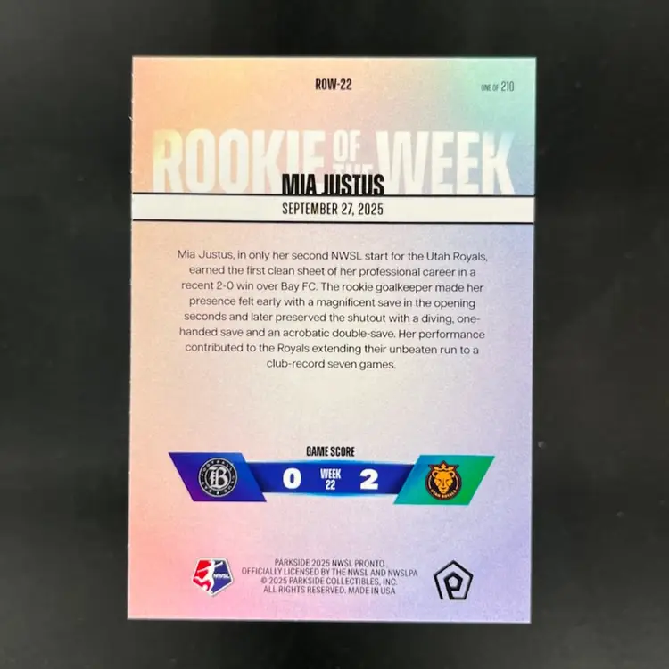 Mia Justus 2025 NWSL Parkside Pronto Rookie Of The Week Subscriber Exclusive /210 Soccer Card #ROW22