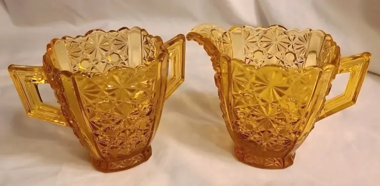 Vintage Fenton Amber Art Glass Daisy and Button Creamer & Sugar Bowls Server Set. USA.