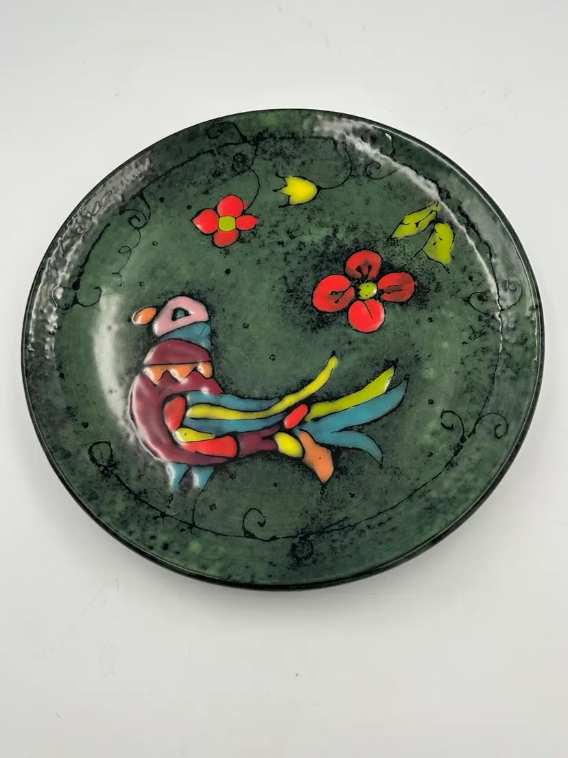 Vintage Hand Painted Wall Plate, Bright Colored Bird And Floral Artist Initials