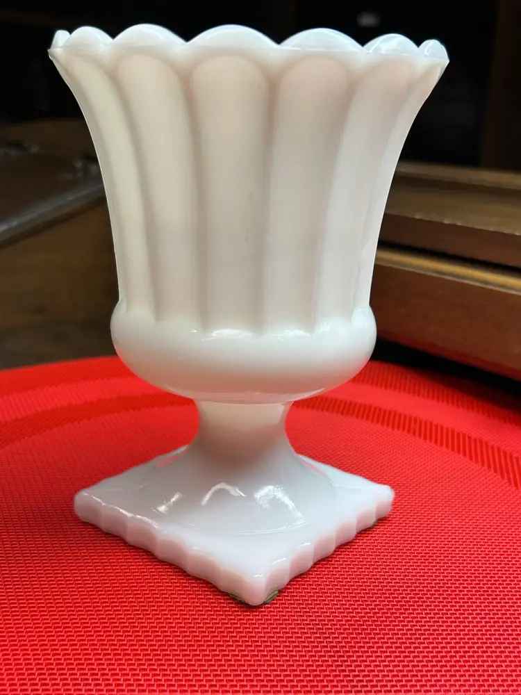 Vintage Grecian Style Milk Glass Pedestal Ribbed & Scalloped Edge Urn Square Base Spooner