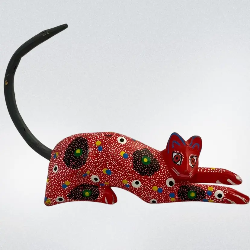 Colorful Folk Art Cat Figurine Andres Hernandez Oaxaca Mexico Hand Carved Wood Cat 6”x5” *As Is