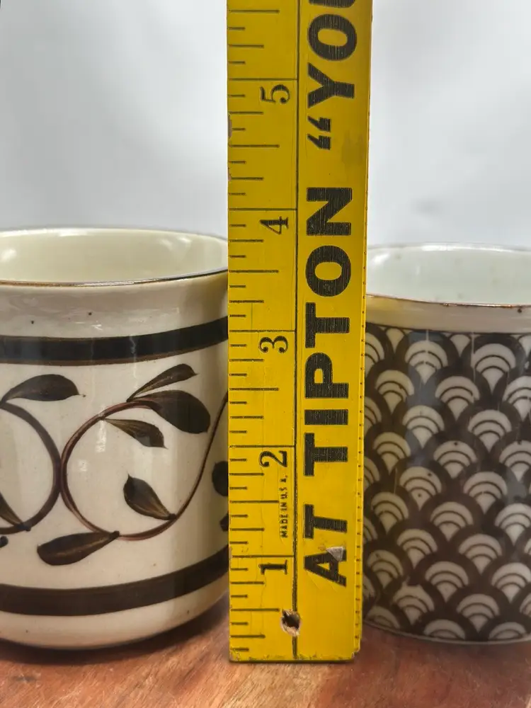 Vintage MCM Speckled Stoneware Floral & Sunrise Coffee Mug Set Hand Painted