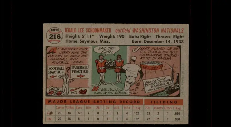 1956 Topps #216 Jerry Schoonmaker - (pk-tl2) - Washington Senators