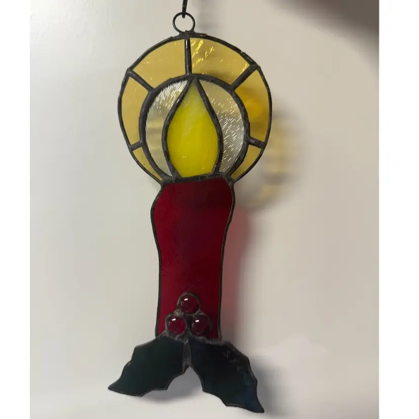 Signed Stained Glass Holly Berry Christmas Candle 8.25” + 4” Chain