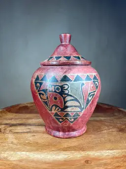 Vintage African Hand-Carved Hand-Painted Wooden Trinket Jar with Lid