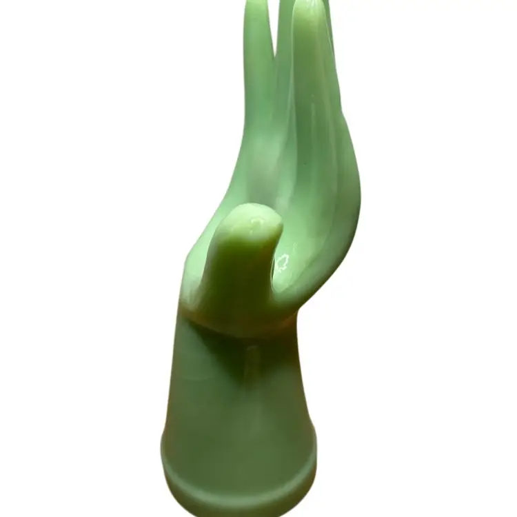 Jadite Hand Ring Holder Appears To Have Chip On Thumb Some Discoloration On Back Of Fingers @ 8 1/2” Tall