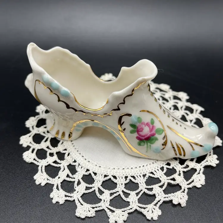 Porcelain Victorian Miniature Shoe 2.5” tall 4” long Pink Roses Blue Gold Accents
