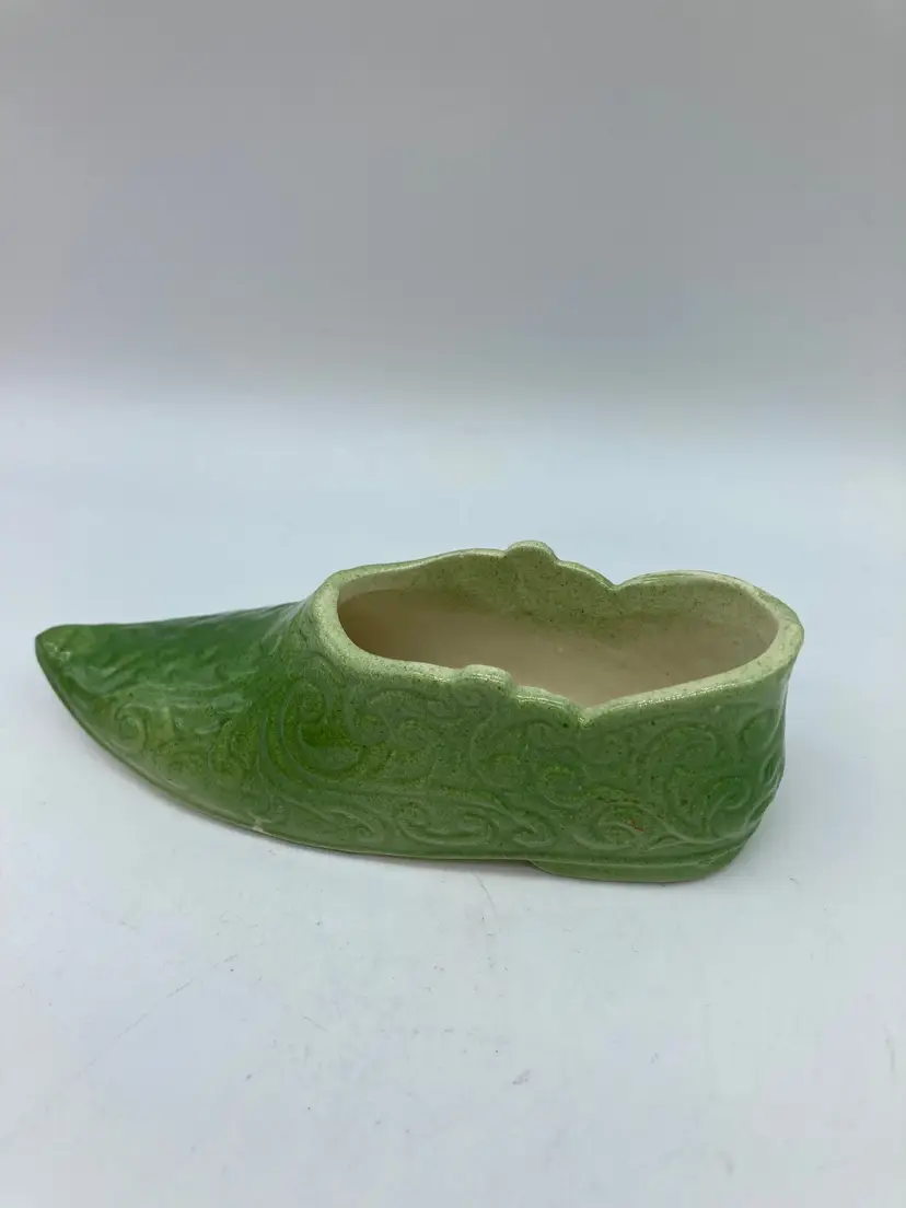 Green ceramic baboche shoe figurine vintage