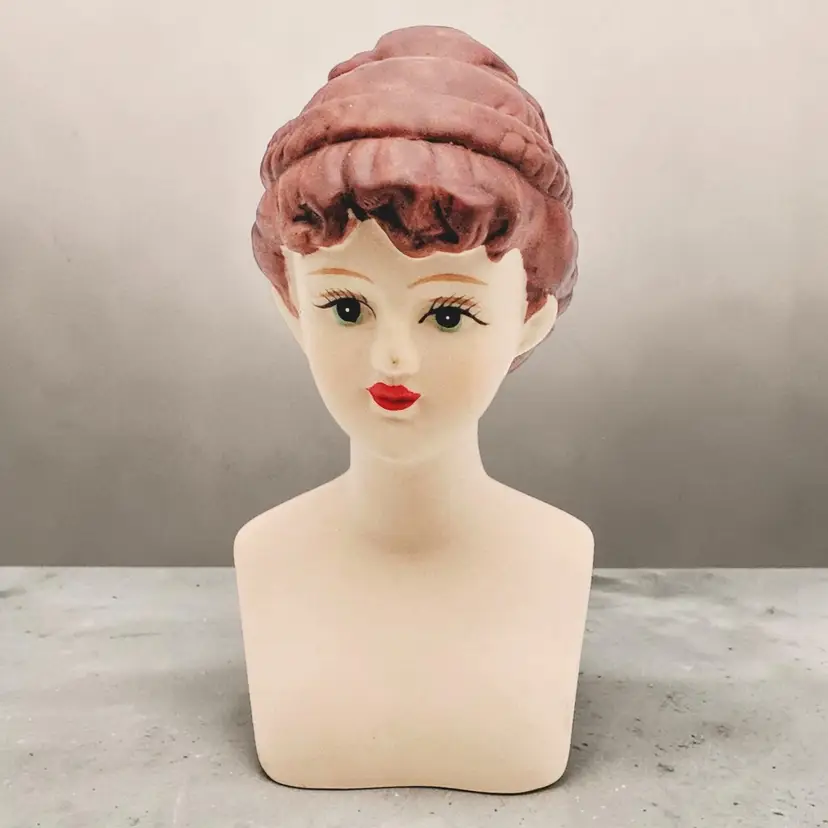Porcelain Doll Head Brown Hair Updo Braid Green Eyes Red Lips Doll Making Parts