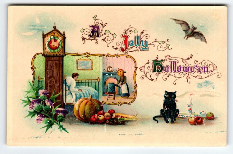 Vintage Halloween Postcard Pumpkin Head Maid & Black Cat Bat 1907-1915 Gel Coat