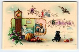 Vintage Halloween Postcard Pumpkin Head Maid & Black Cat Bat 1907-1915 Gel Coat