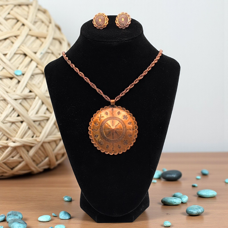 Vintage Bell Trading Post Copper Tribal Southwestern Necklace & Clip on Earrings