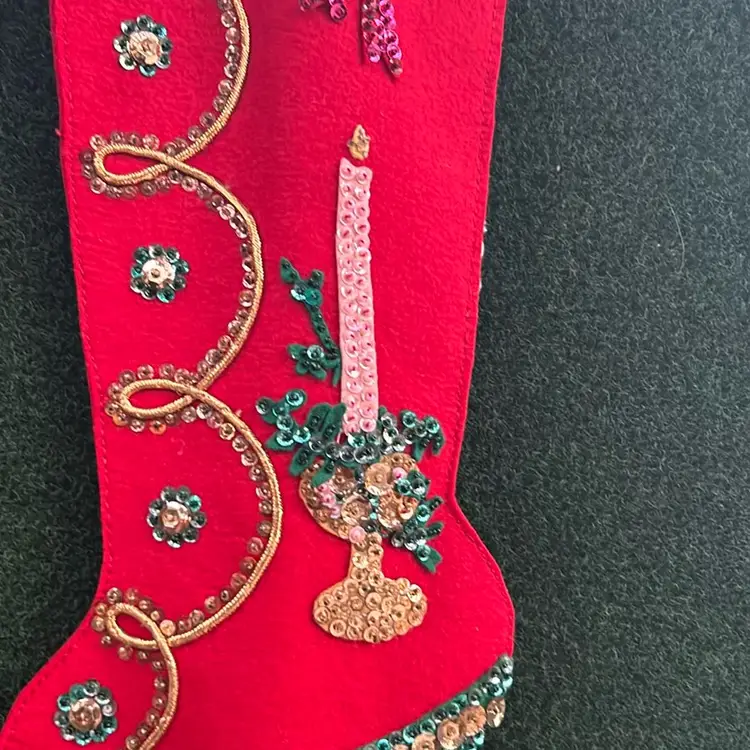 Hand Sewn Felt High Heel Stocking With Hand Embroidered Sequins, Circa 1970s