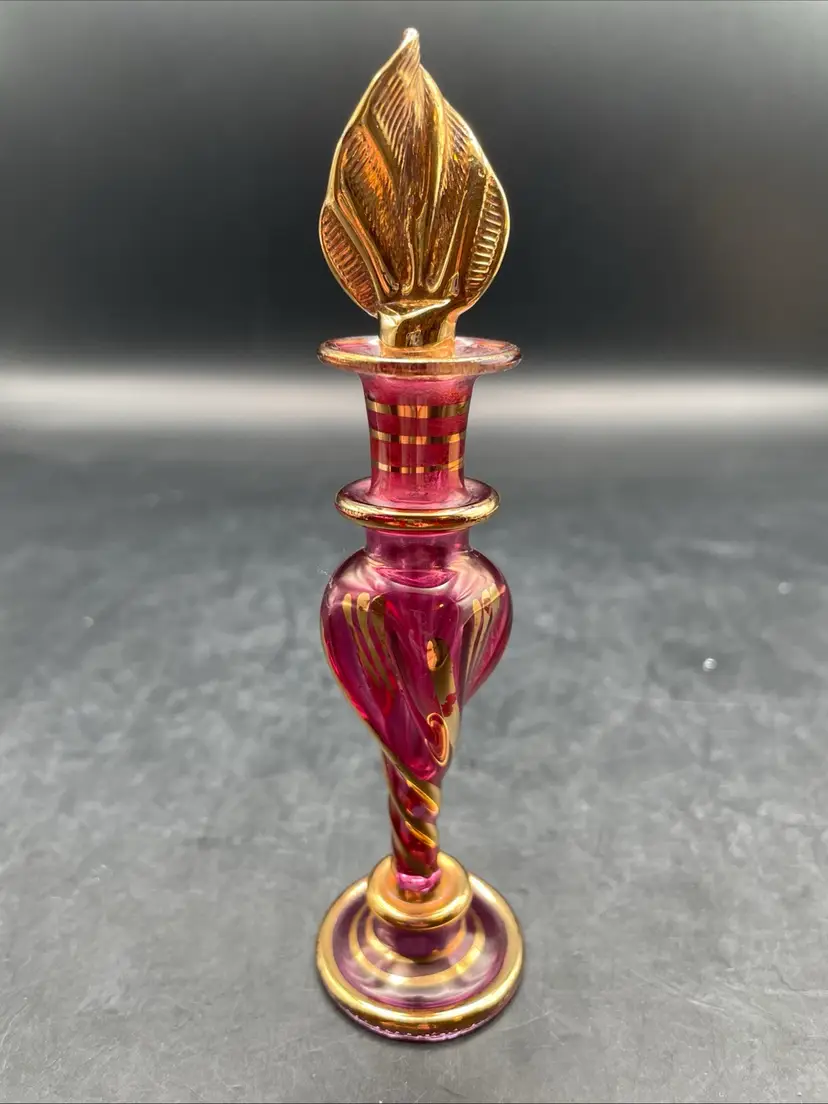 VTG 5” Egyptian Pink Perfume Bottle With Glass Stopper & Gold Accents
