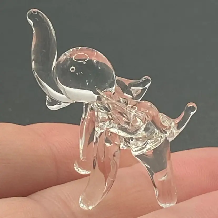 Clear Blown Glass 1 1/4” Tall Baby Elephant, Mini, Trunk Up