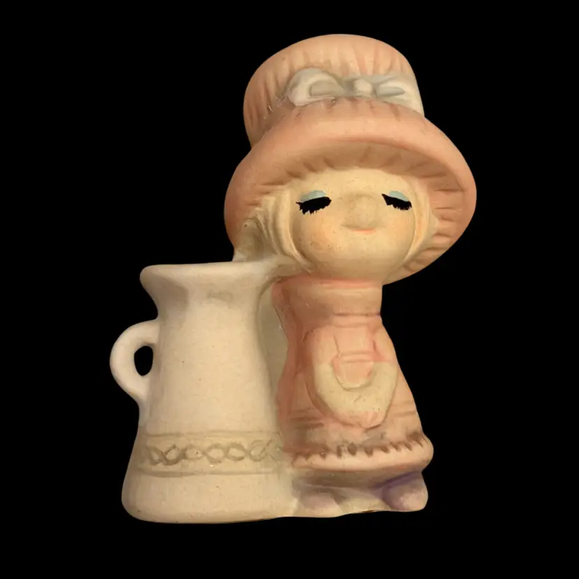 Vintage UCTCI Japan bisque Girl With Pink Hat And Jug Tooth Pick Holder