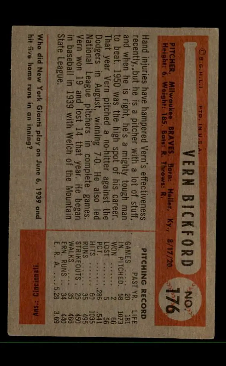 1954 Bowman #176 Vern Bickford - (pk-tl3) - Milwaukee Braves