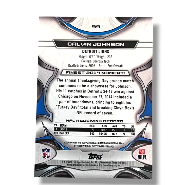 2015 Topps Finest Calvin Johnson Blue Refractor 233/250 #99