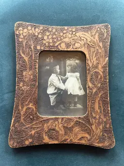 Antique Pyrography Framed Photo Of Boy And Girl