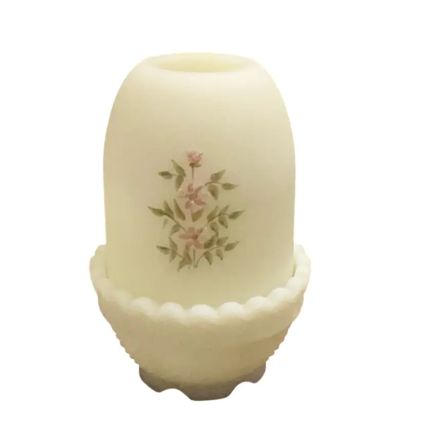 Fenton 2-piece H P By Nancy Kuhne Pink Blossoms On Custard Fairy Light-Glows 4 7/8” X 3 1/8”