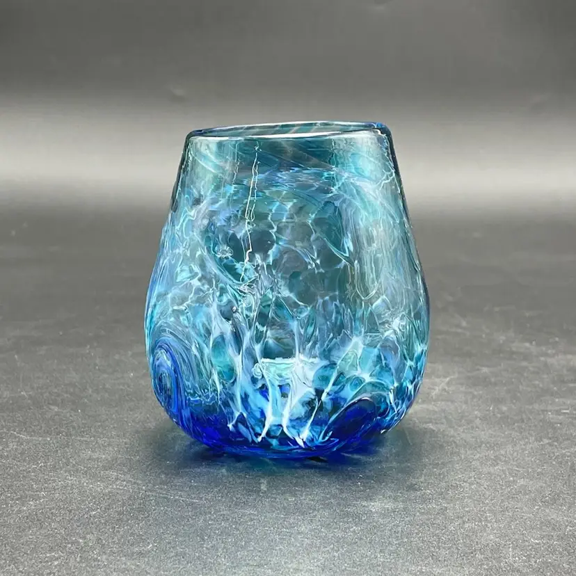 Blown Glass Blue Swirl Textured Tumbler Vase Candle Holder Signed Handmade