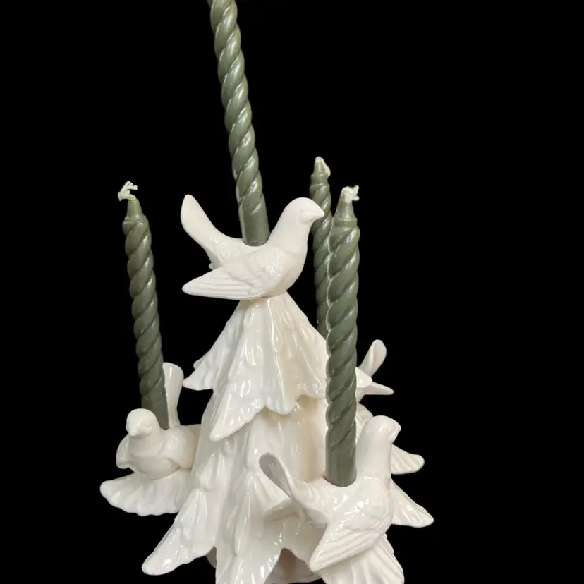 Fitz and Floyd-Glossy Ivory White Glazed Christmas Trees with 4 Dove Small Taper Candle Holders-Comes w/ Green Twisted Vintage Candles