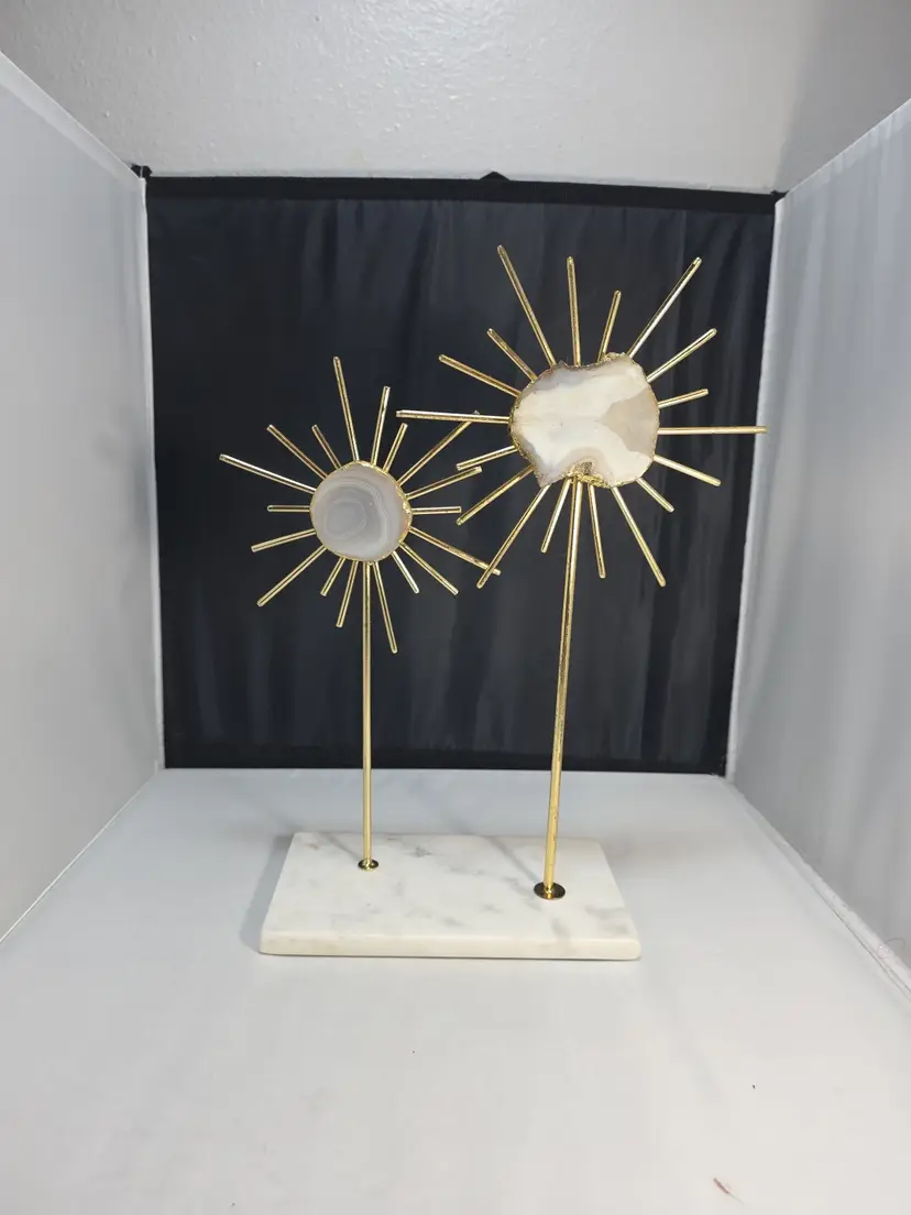 Mid Century Modern Agate Slice Starburst Sculpture Brass Tone Marble Base