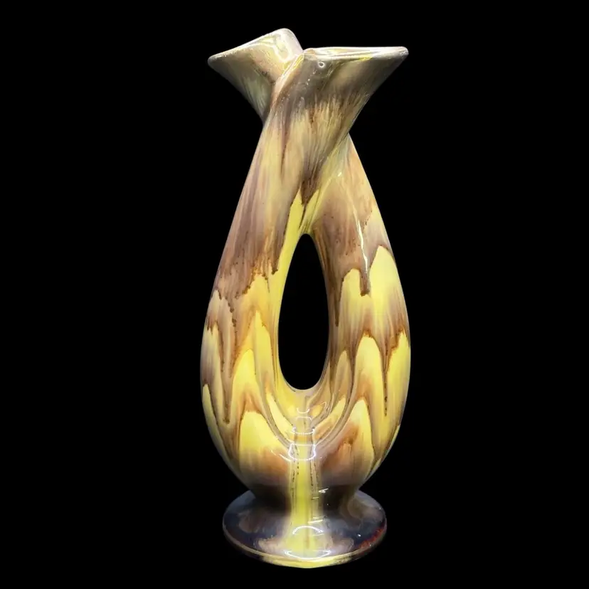 German Pottery Double Bud Vase 559-20 Drip Glaze Gold 8”