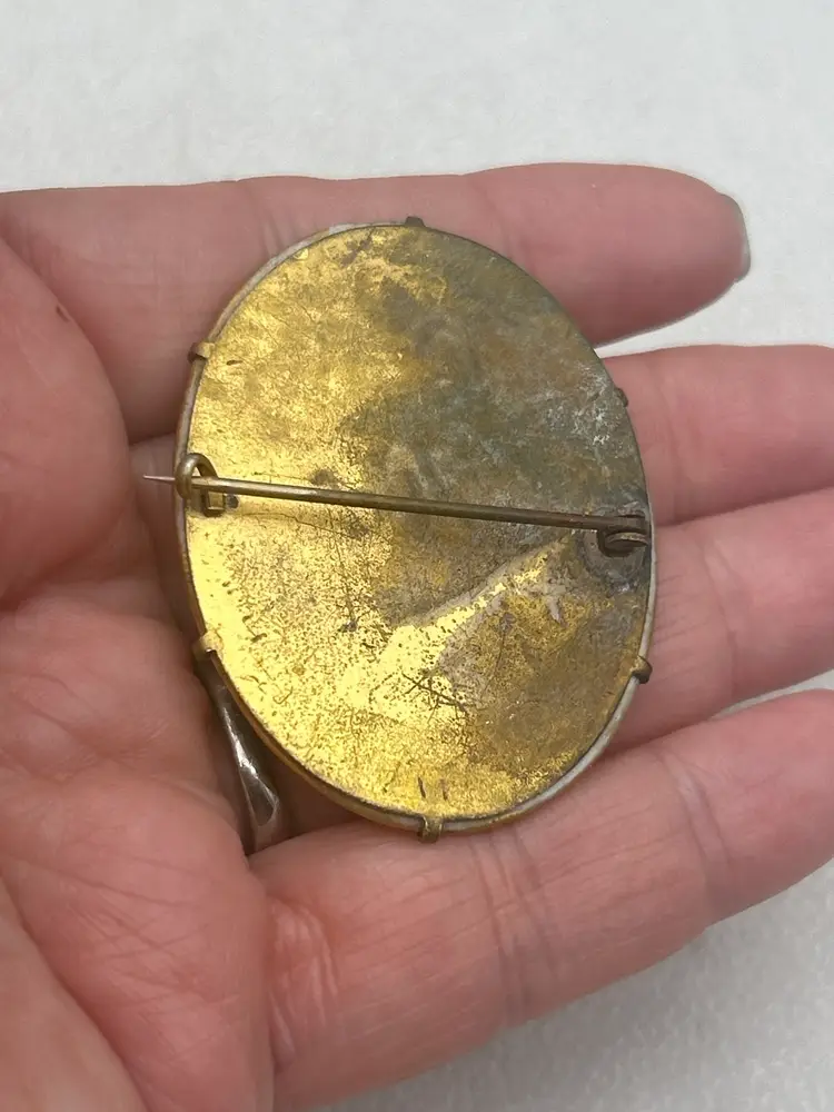 Antique 2” Hand-Painted Portrait Brooch – Victorian Style Miniature Cameo Pin – Gold Tone Frame