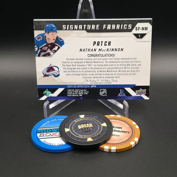 Nathan MacKinnon Patch Auto 2021-22 Upper Deck SPx Hockey Signature Fabrics Patch Insert Numbered 1/3 Card #SF-NM - Colorado Avalanche