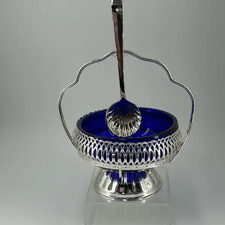 Martell And Company Queen Anne Silver Plated Blue Jam/sugar Bowl With Spoon