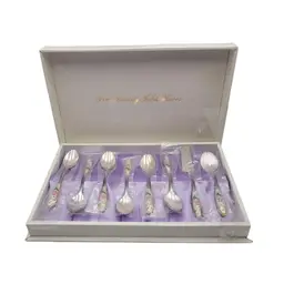 8 Piece Silver Plate Coffee Set With Floral Handles In Gift Box NOS