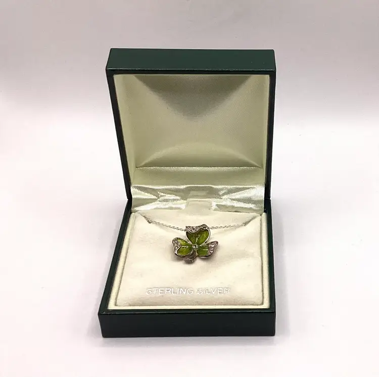 Enamel & Crystal Shamrock Pendant Necklace on 18” Sterling Silver Chain NIB Perfect for St. Patrick’s Day!