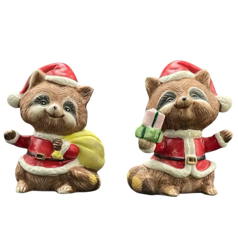 Homco #5611 Santa Raccoon Figurines Vintage Set of 2 Kitsch Kitschy Christmas