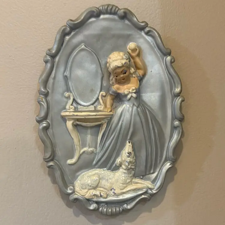 1950S Hand-Painted Chalk ware Girl With A Dog Wall Plaque