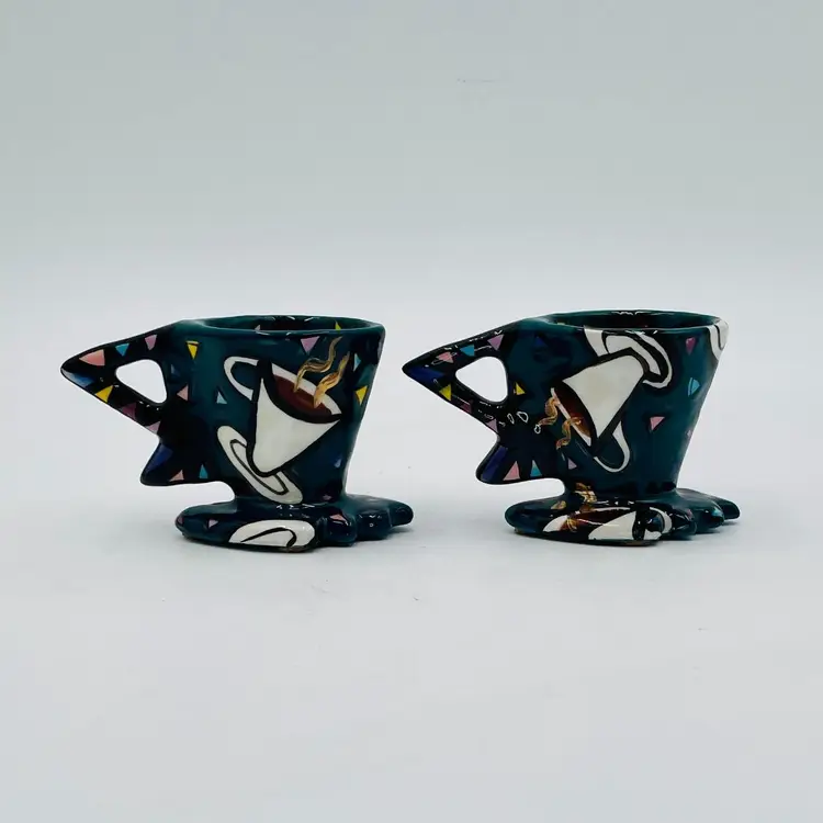 M.Motto Signed Pottery Espresso Cups Retro Style Geometric Hand Painted