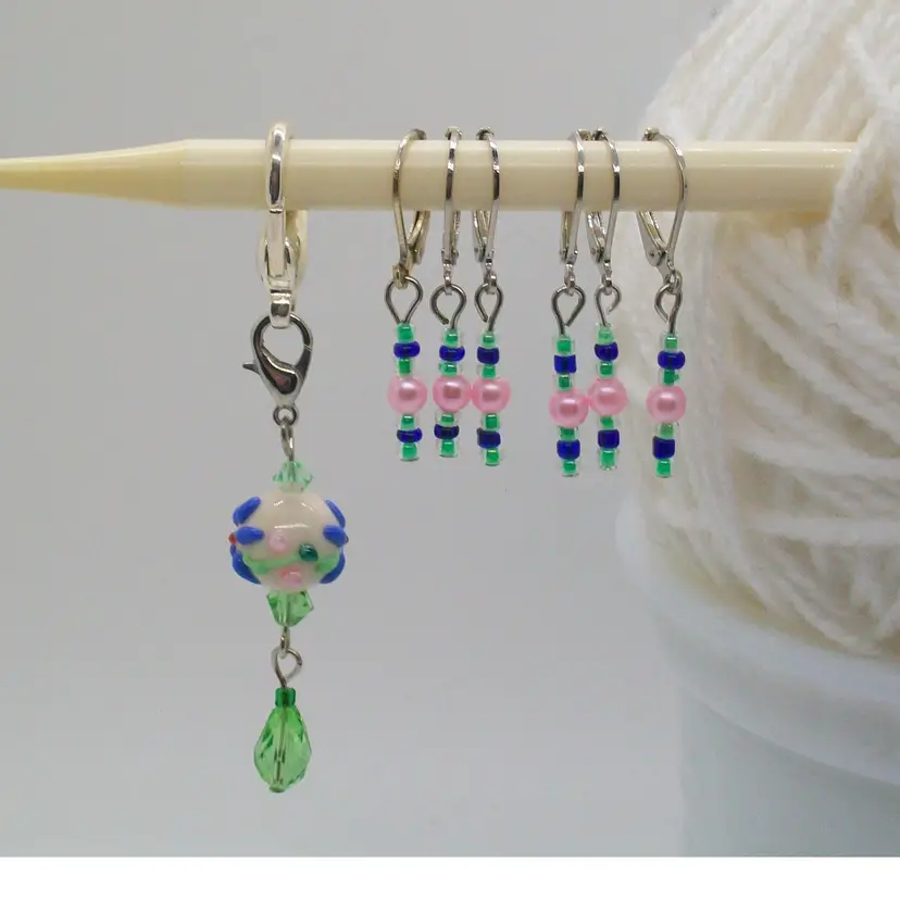 Lampwork Flower Green Teardrop Bead Knit Crochet Begin Row Marker 6 Pink Blue Pearl Bead Stitch Markers