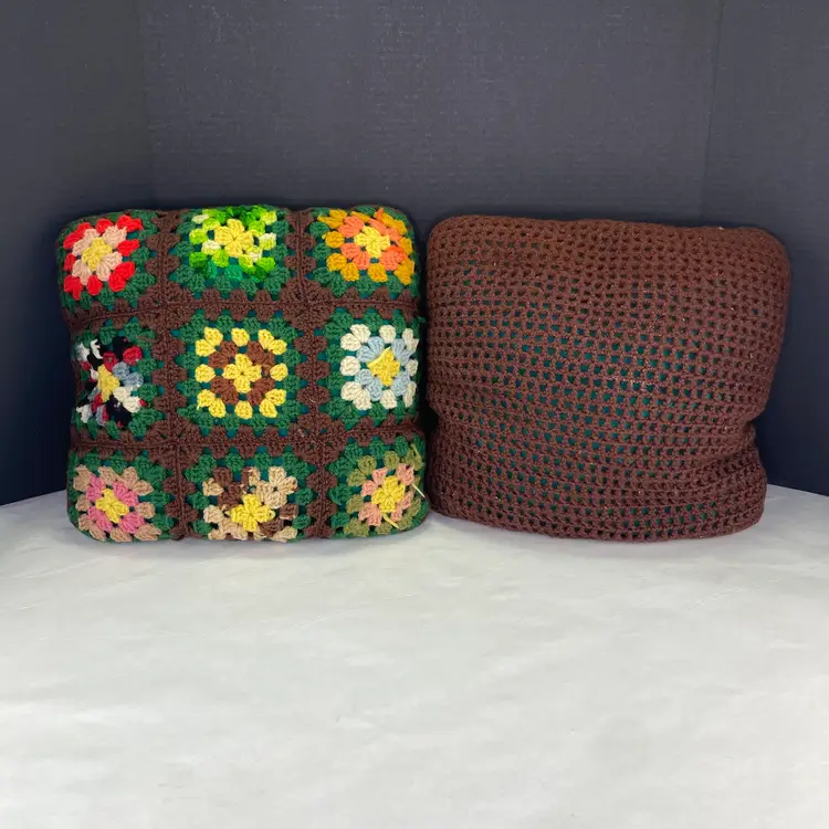 Vintage Granny Square Retro Accent Pillows Set of 2