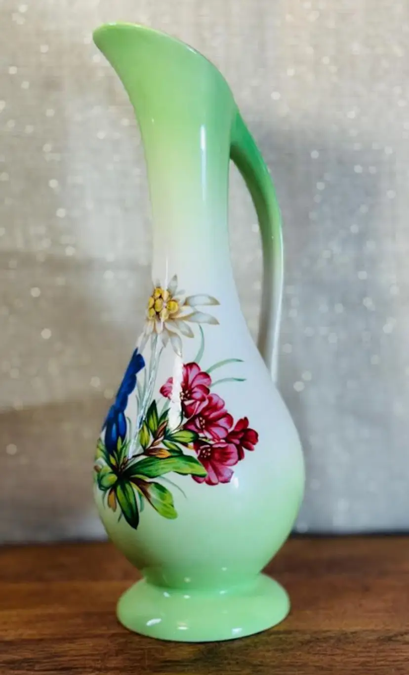 Green/White Vase/Pitcher Hand Painted Floral 8.5” Tall Made in Canada