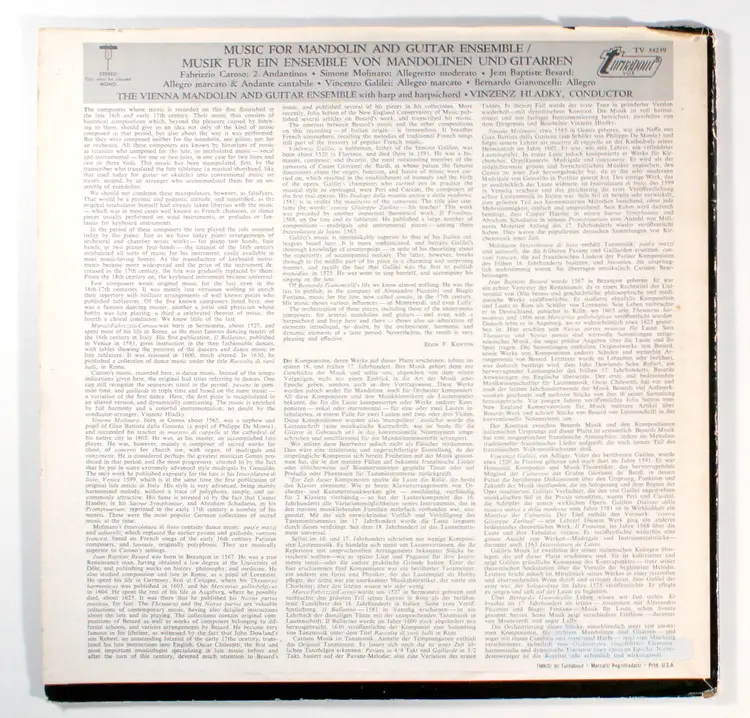 Vinzenz Hladky - Music For Mandolin & Guitar Ensemble (1968) Vinyl LP • Clasical