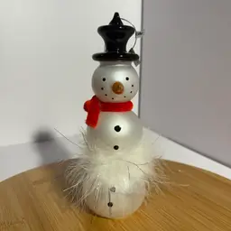 Blown Glass Snowman Ornament with Top Hat Feather Accent Red Scarf Christmas
