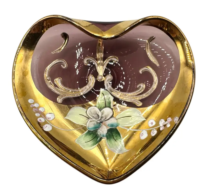 Vintage Bohemian Glass Ashtray Trinket Dish Amethyst Purple Gold Enamel Floral