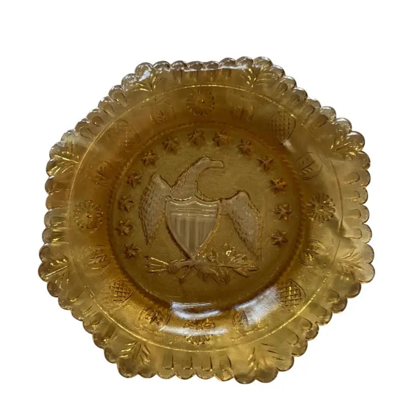 Indiana Glass Octagonal Amber Honey Glass Patriotic Eagle Plate 8”