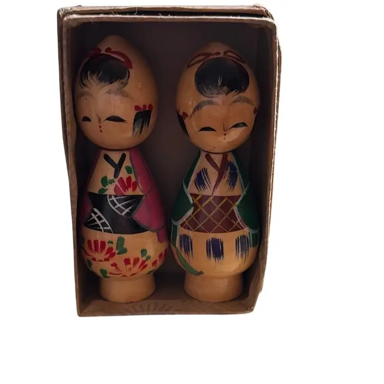 Kokeshi Doll Pair Bobble Heads In Original Box