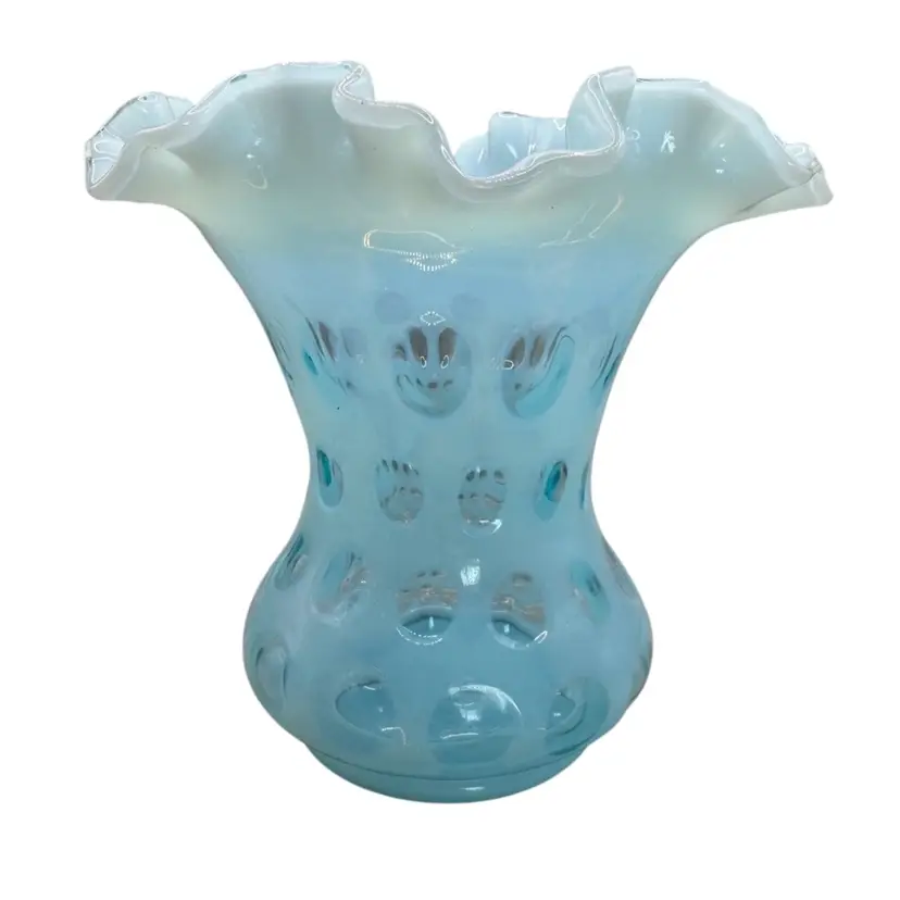 Fenton Blue Opalescent Coin Dot Glass Vase, 6" x 6 1/2", Excellent condition