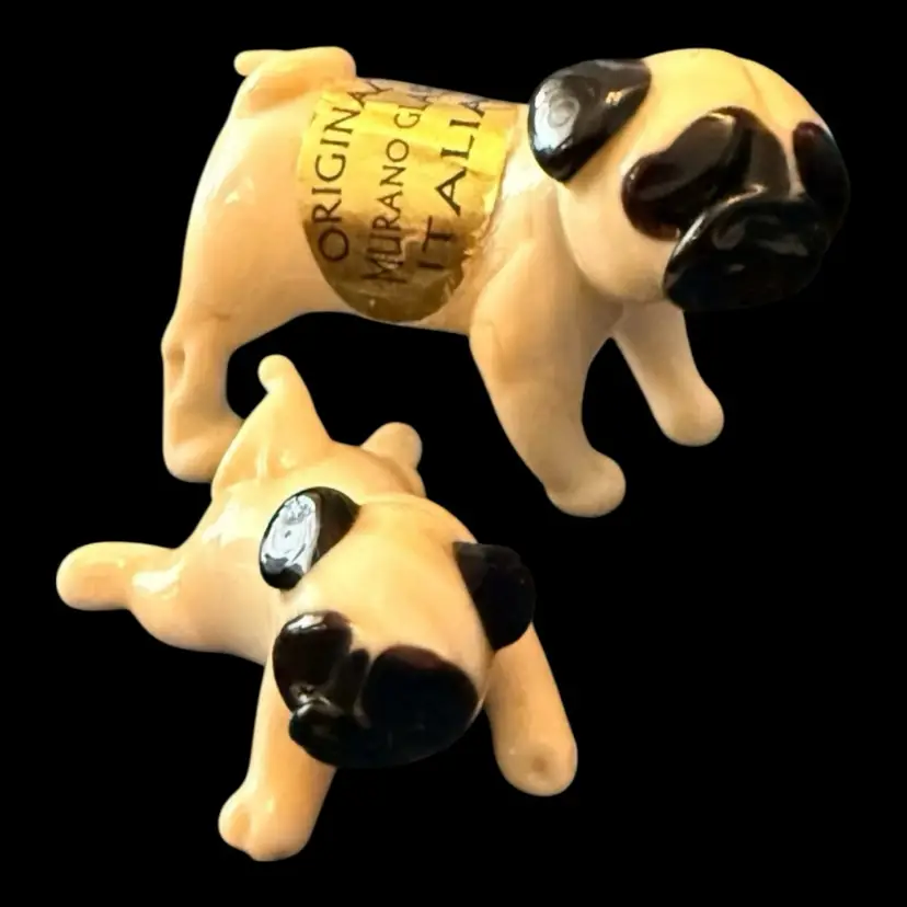Murano Glass Set 2 Hand Blown Lamp Work Pug Dog Figurines 1.5β & 2β