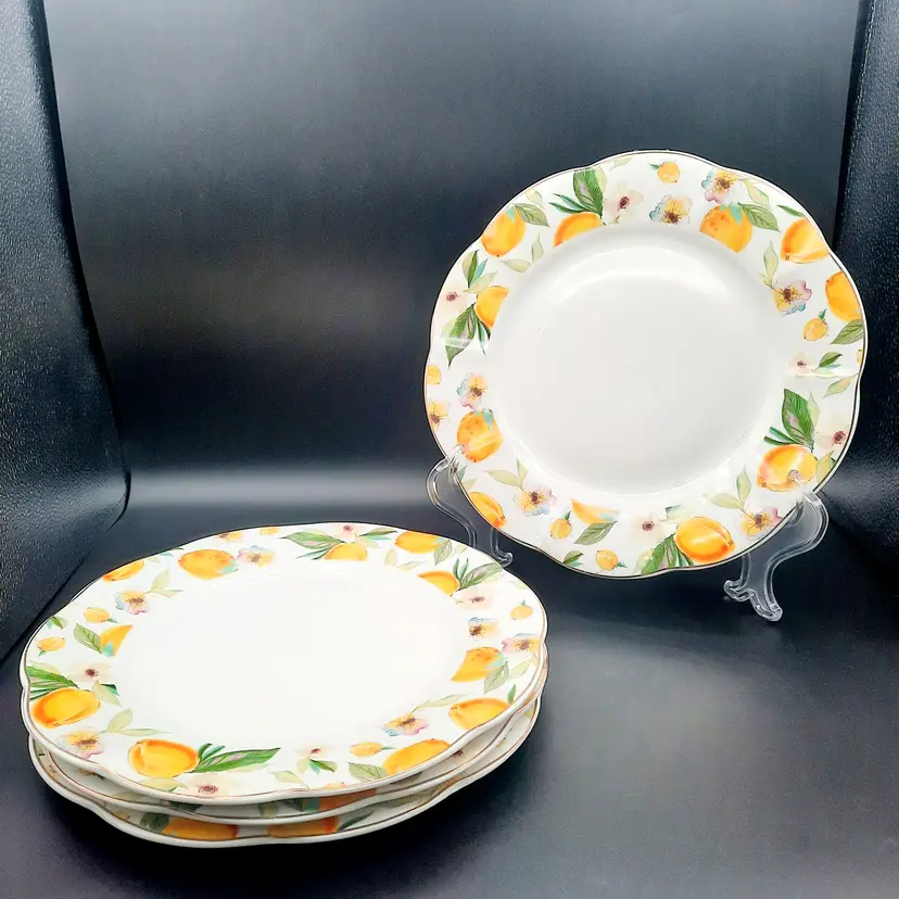 Lemon Floral Dinner Plates Scalloped Gold Rim Kristy Rice Fine Porcelain Set of 4