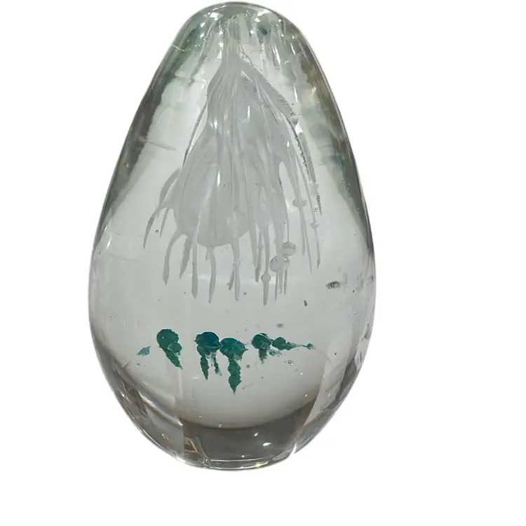 Vintage Clear and White Ovoid Paperweight With Green Particles Floating